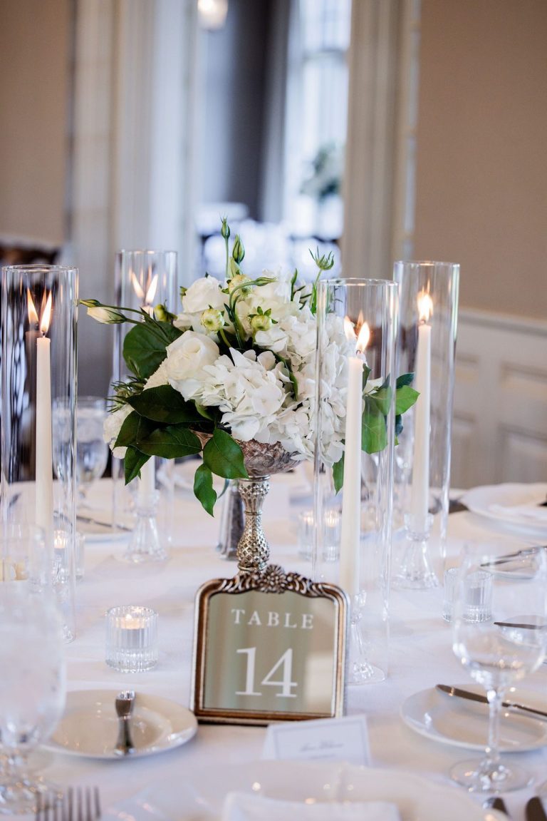 Centerpiece with table number fourteen and votive