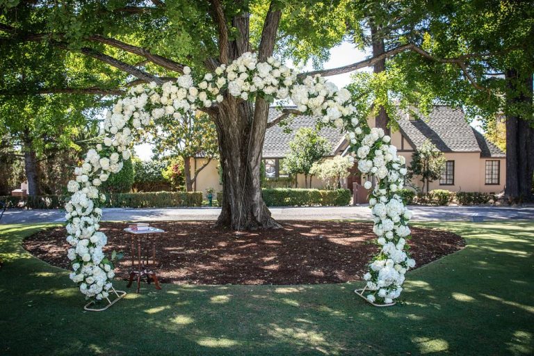 White floral ceremony arch beneath sprawling tree
