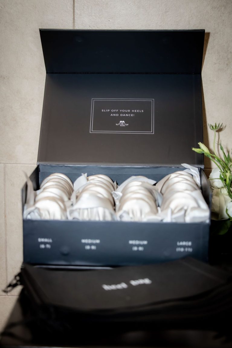 Open box of guest slippers by size